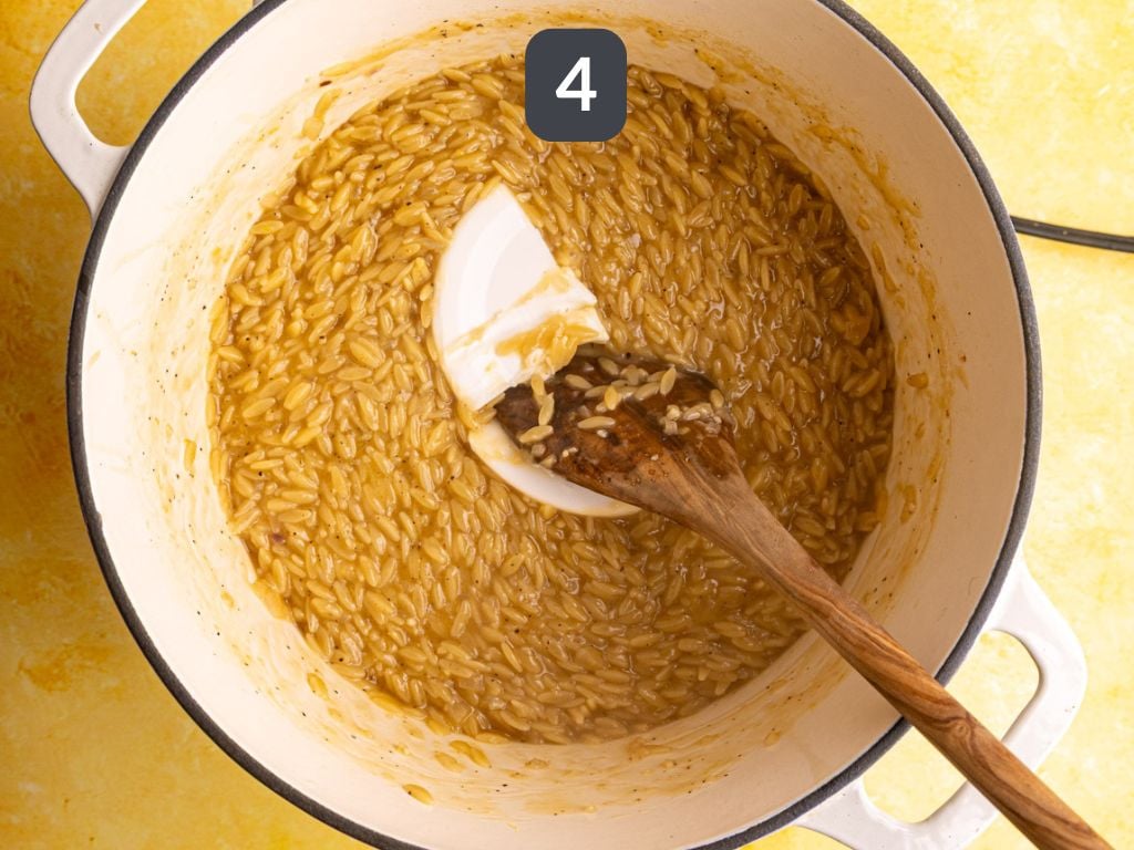 Creamy Lemon Orzo Step 4 - stir in the cream cheese.