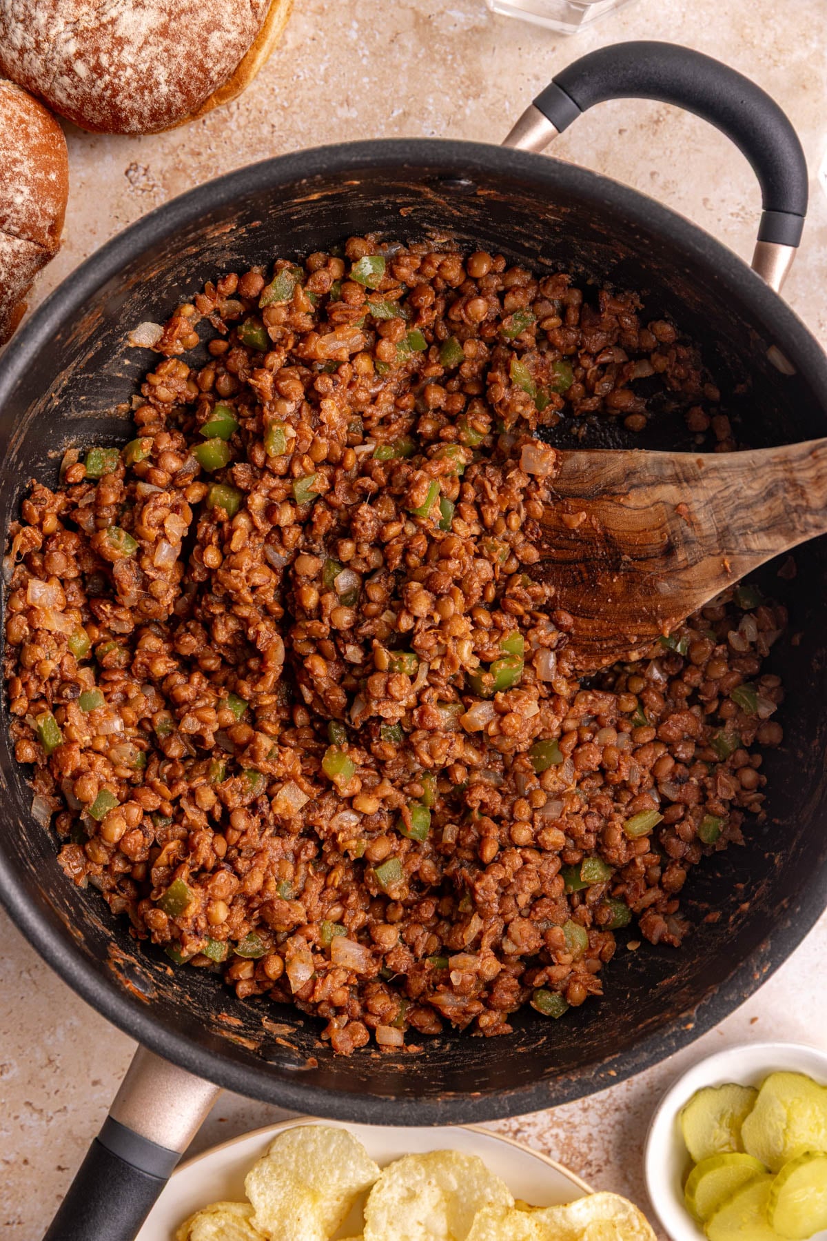 A pan of cooked lentil sloppy joe meat, ready to serve.