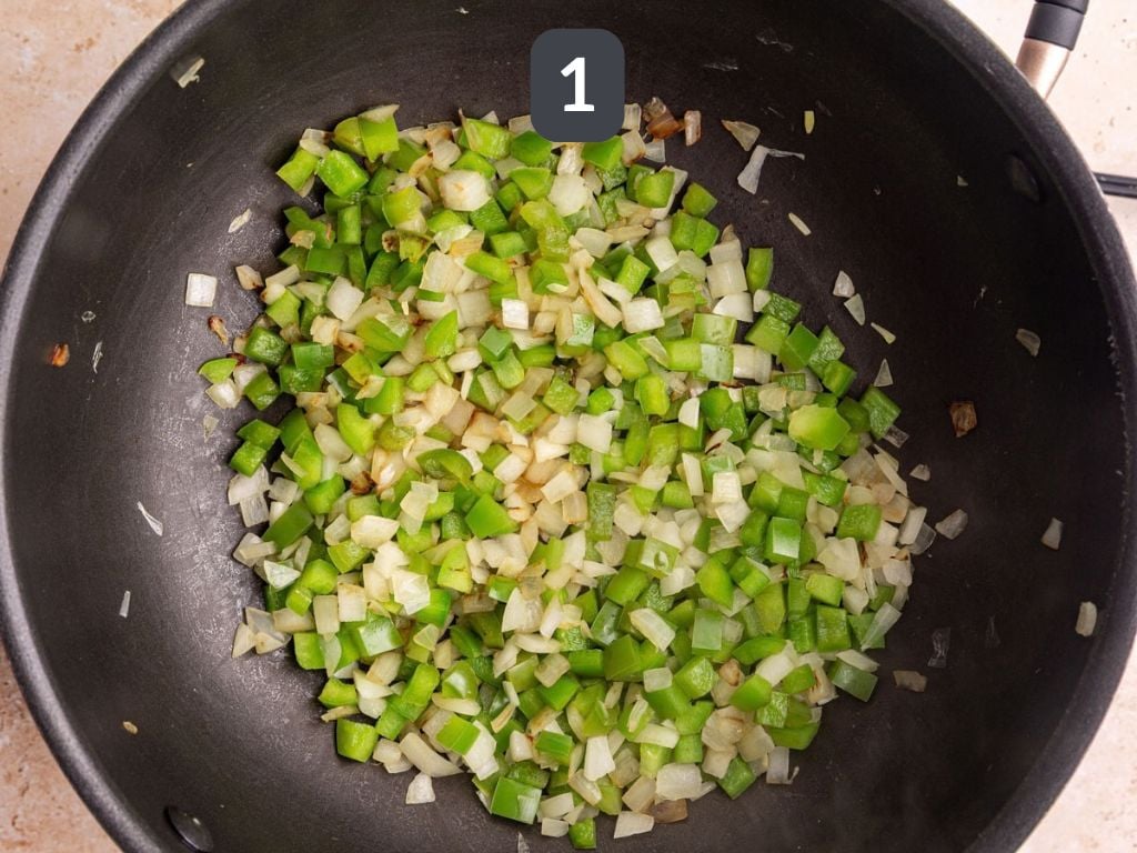 Lentil sloppy joes step 1 - sauté the pepper and onion.