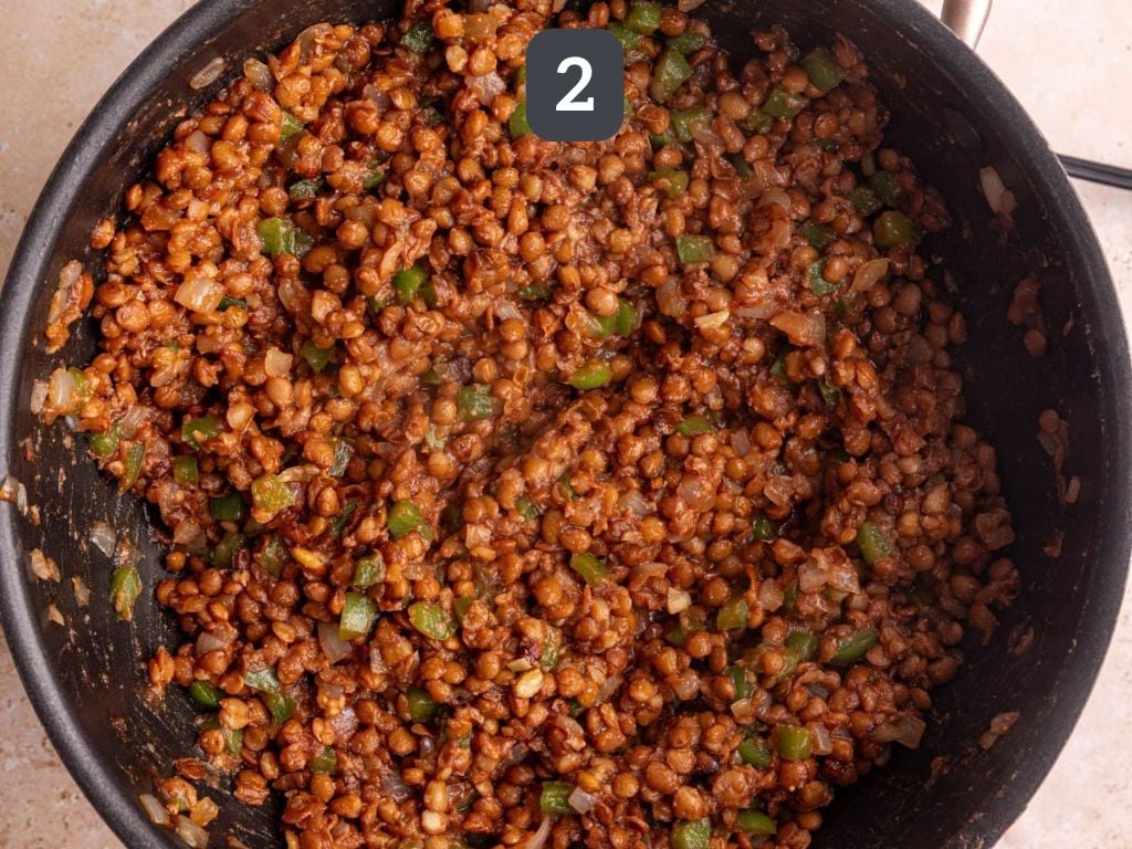 Lentil sloppy joes step 2 - add the lentils and remaining ingredients, and cook.