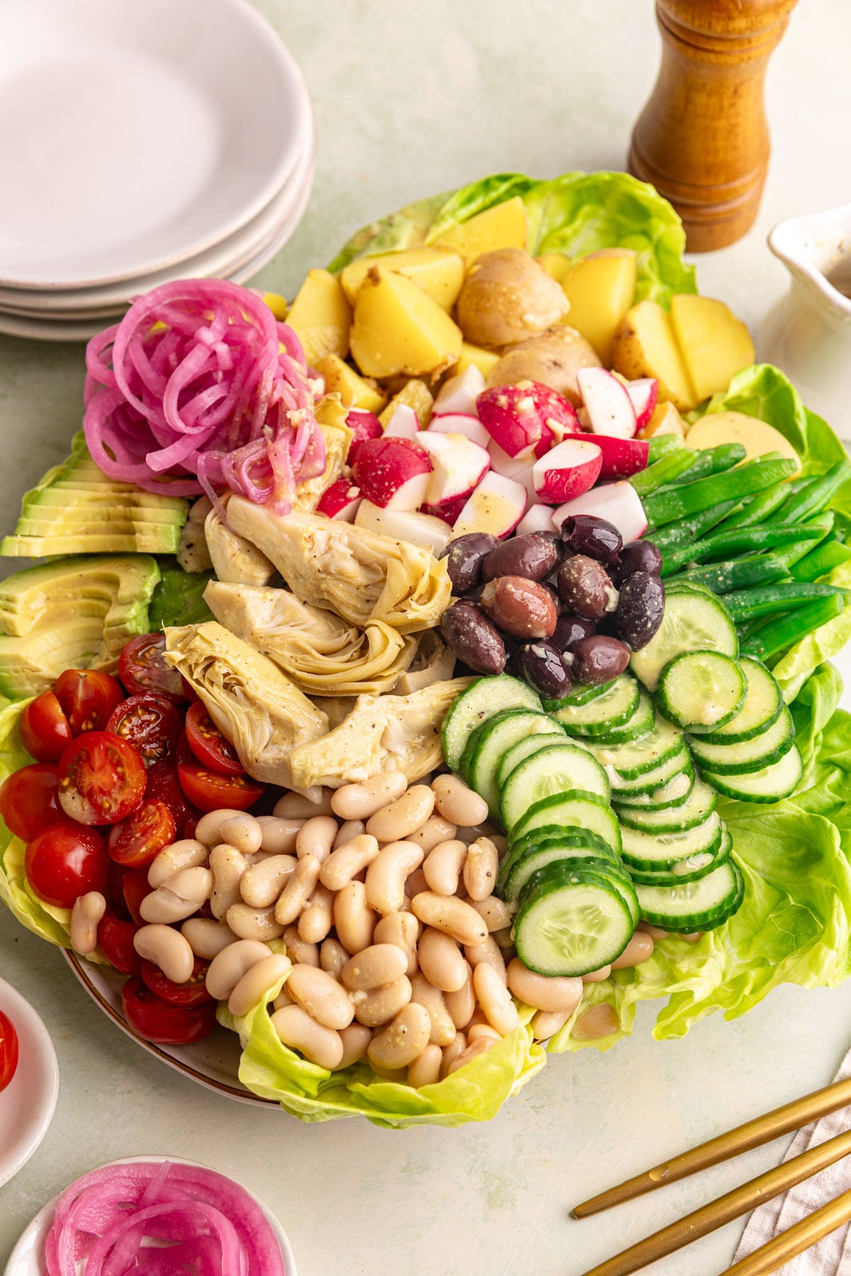 A platter of vegan Nicoise salad.