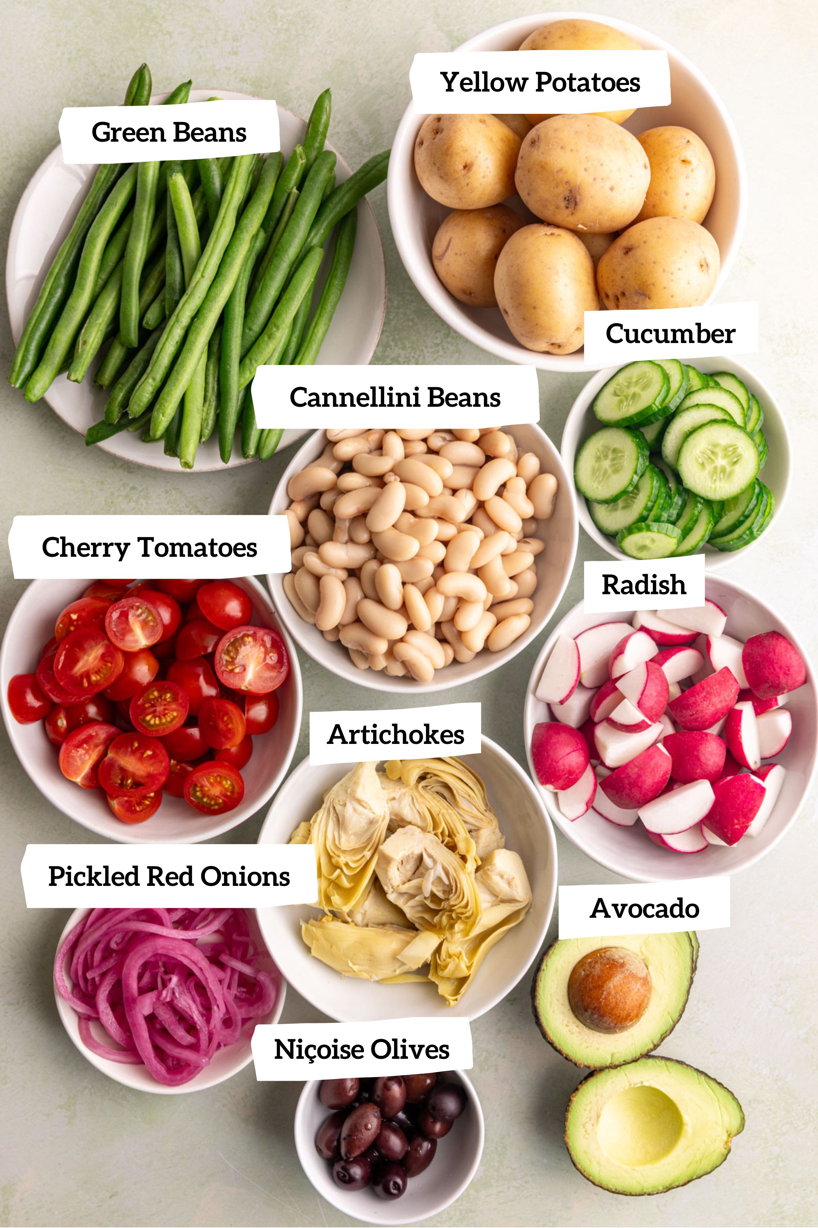 Vegan Nicoise salad, salad ingredients.