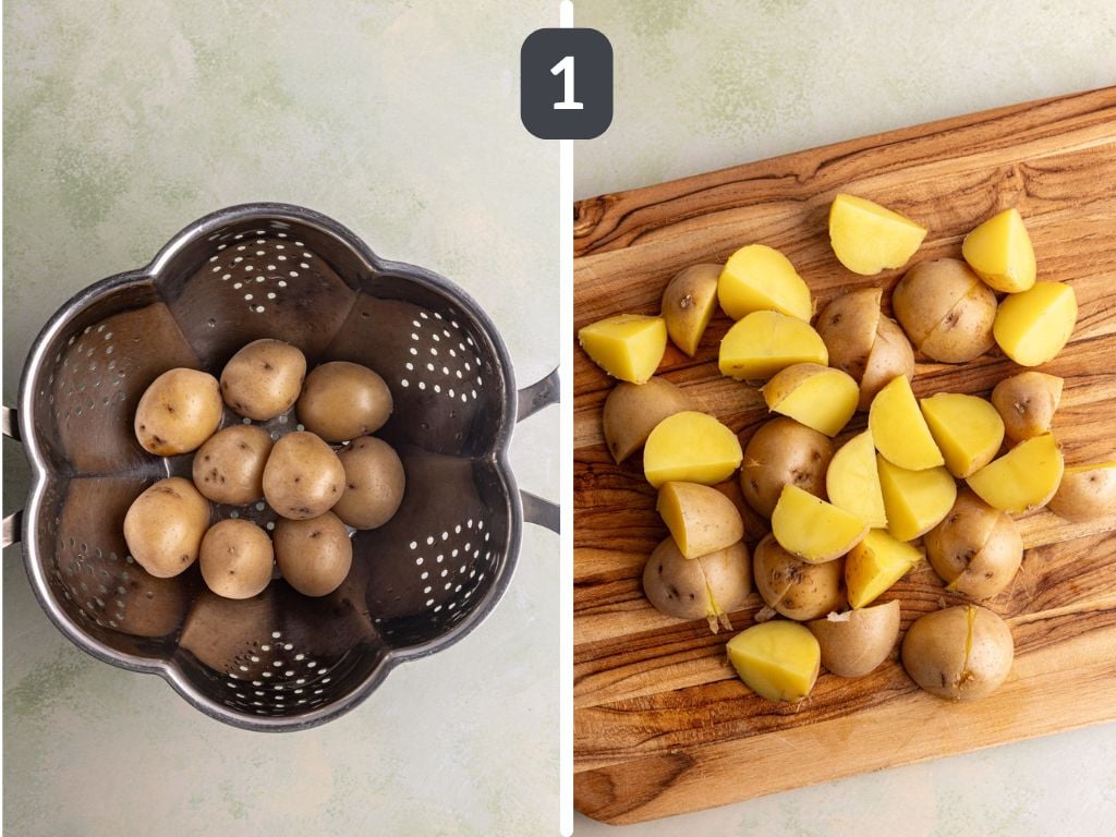 Vegan Nicoise salad step 1 - boil and slice the potatoes.