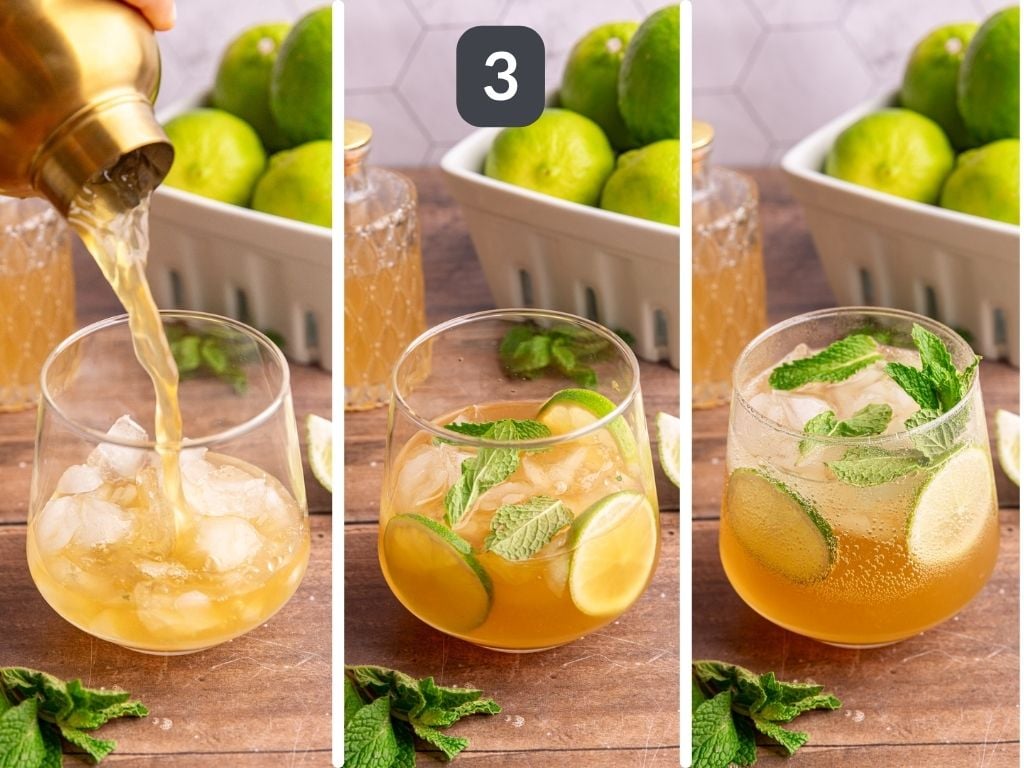 Ginger Mojito Mocktail Step 3 - strain into a glass, add mint and lime, and top with sparkling water.