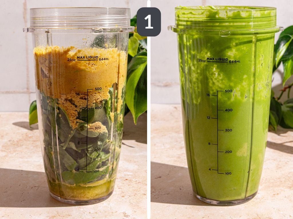 Green goddess salad step 1 - blend the dressing.