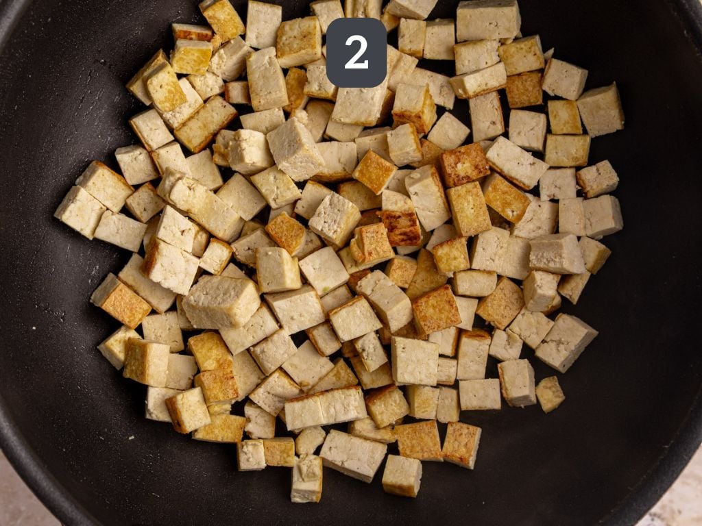 Easy Mongolian Tofu Step 2 - pan-fry the tofu.