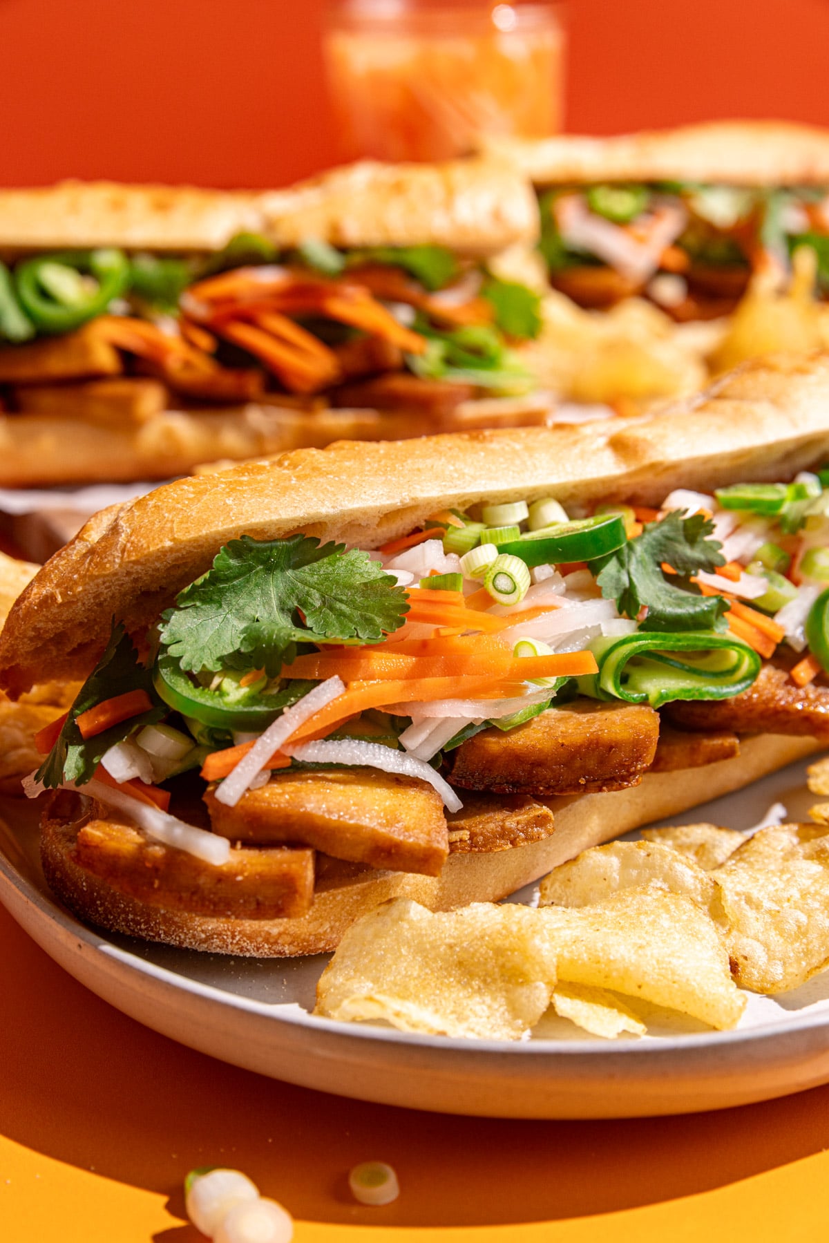 A Banh Mi tofu sandwich on a plate with potato chips.