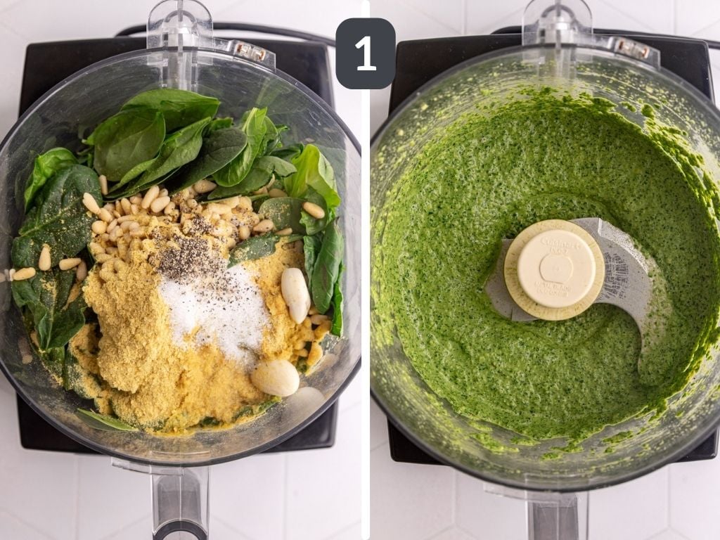 Vegan oil free pesto step 1 - blend all the ingredients.