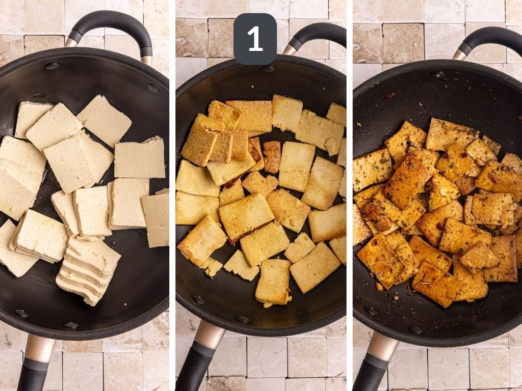 Vegan Pesto sandwich step 1 - cook the tofu.