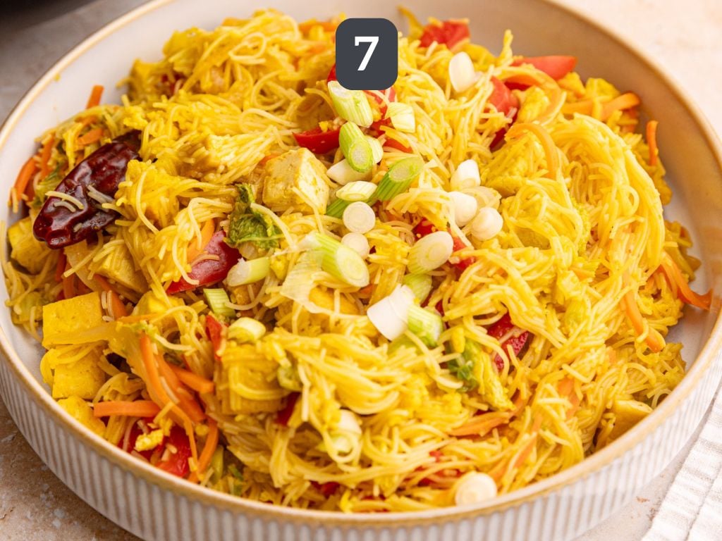 Vegan Singapore Noodles Step 7 - serve garnished with scallions.
