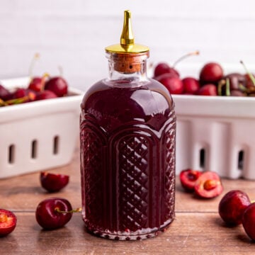 A bottle of cherry simple syrup.