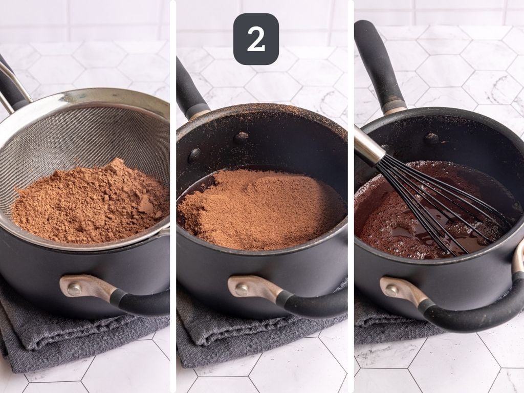 Chocolate simple syrup step 2 - sift in the cocoa powder and add the vanilla and salt.