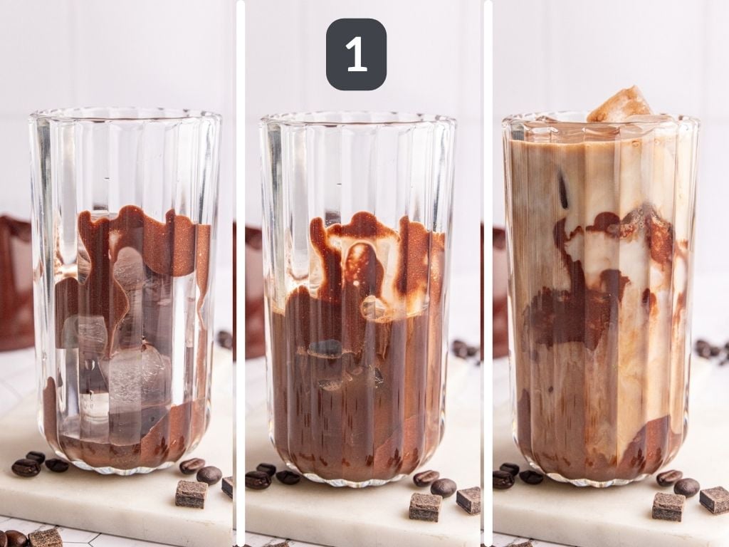 Dairy free vegan iced mocha steps - to a glass add ice, chocolate syrup, espresso, and milk.