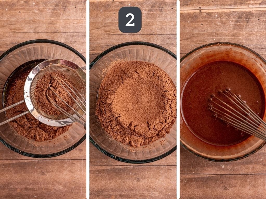 Maple Chocolate Syrup Step 2 - sift in the cocoa powder and whisk