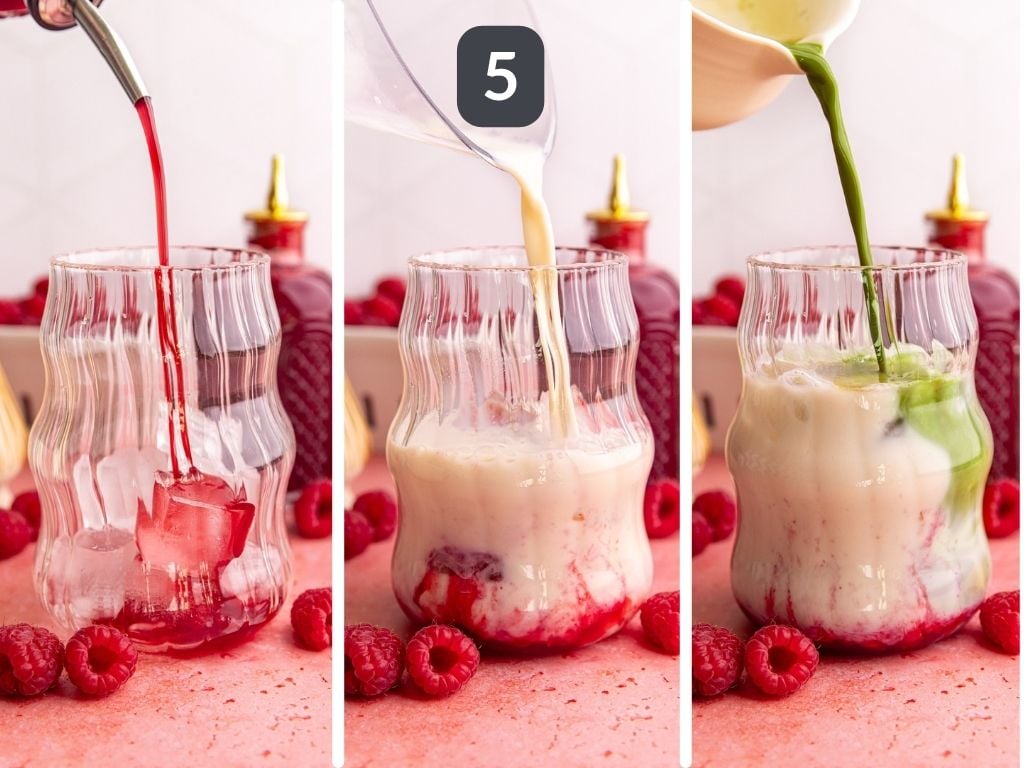 Raspberry matcha latte step 5 - pour syrup, milk, and matcha into your glass.