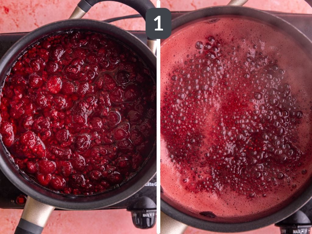 Raspberry Simple Syrup Step 1 - boil the raspberries, water, and sugar.