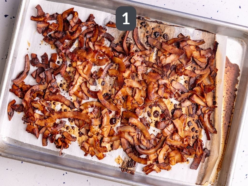Vegan Chicken Bacon Ranch Sandwich Step 1 - make the coconut bacon.
