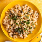 A bowl of vegan elote corn pasta salad, garnished with cilantro.