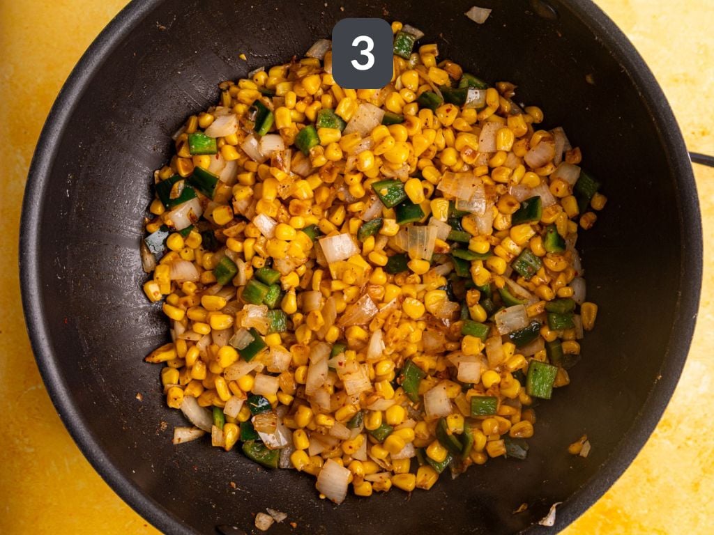 Vegan Elote Corn Pasta Salad Step 3 - add the peppers, onions, and seasonings.