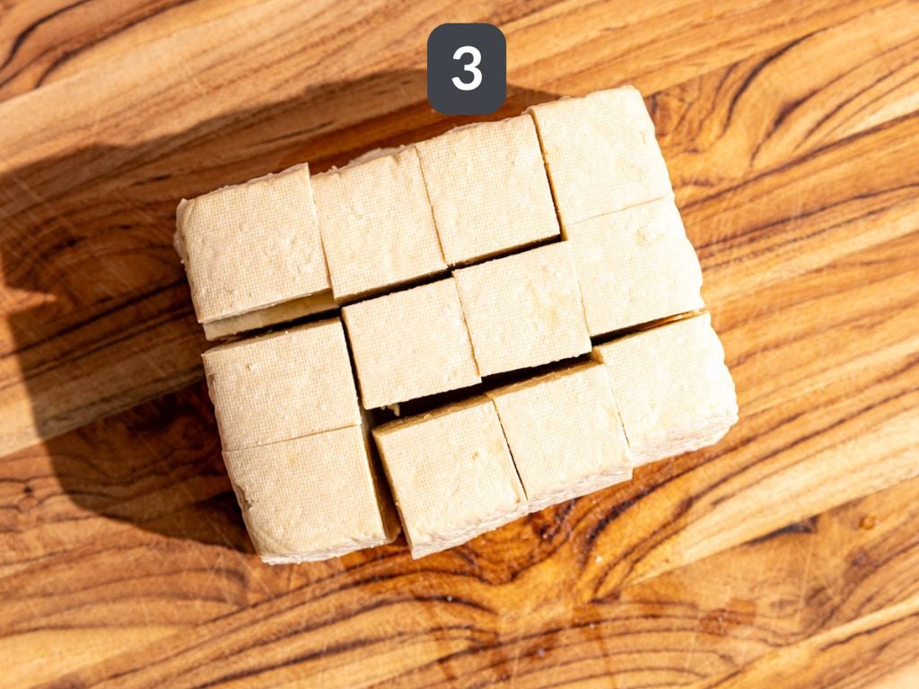 Vegan Grilled Chicken Skewers step 3 - cube the tofu.