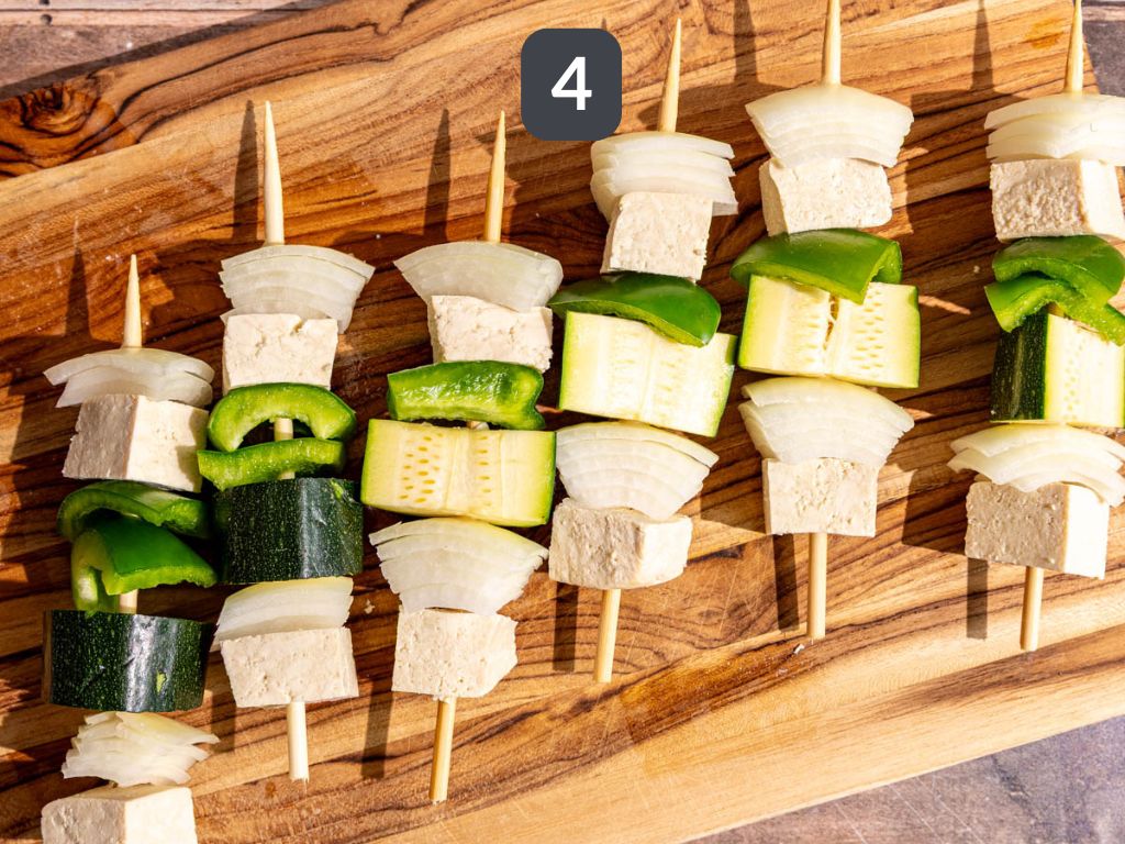 Vegan Grilled Chicken Skewers step 4 - skewer the vegetables.