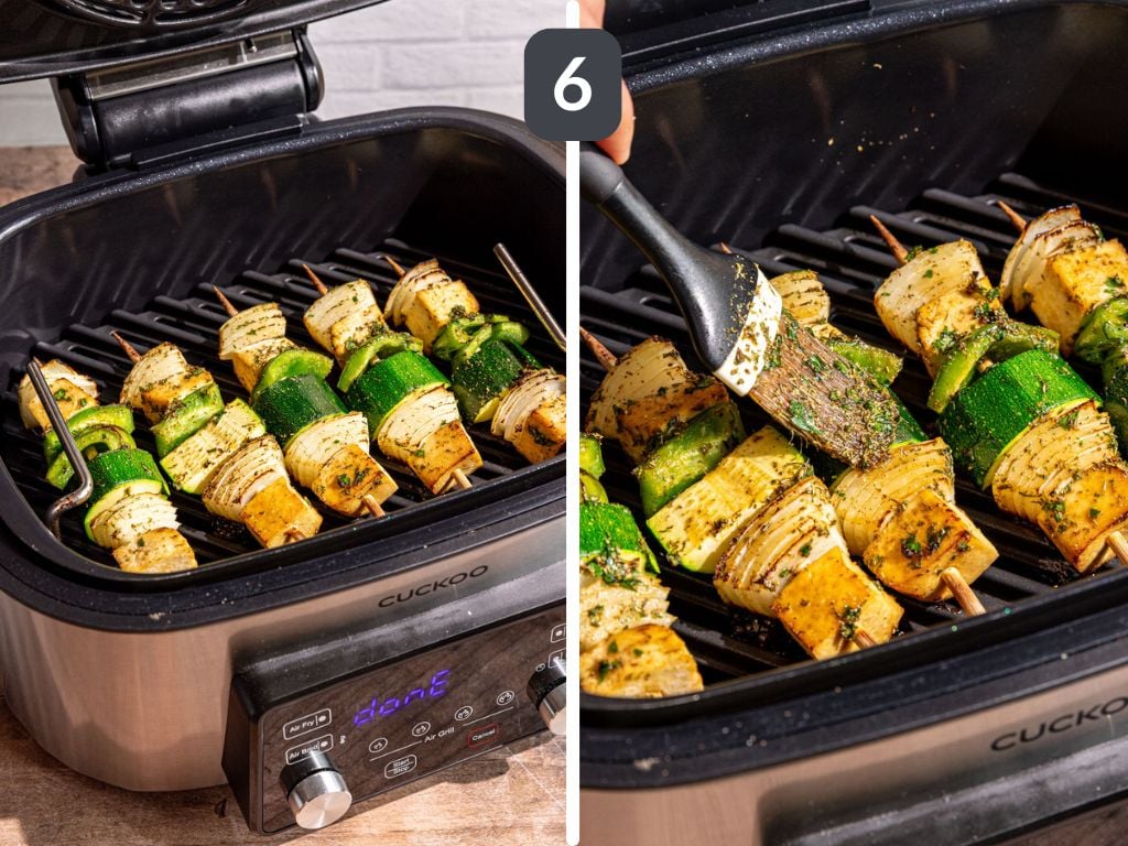 Vegan Grilled Chicken Skewers step 6 - grill, then brush with marinade and grill again.