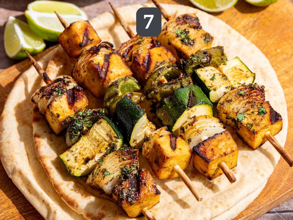 Vegan Grilled Chicken Skewers Step 7 - serve over pita with a squeeze of lime.