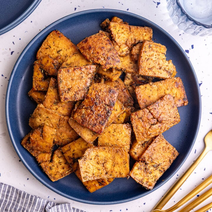 A plate of vegan tofu chicken.