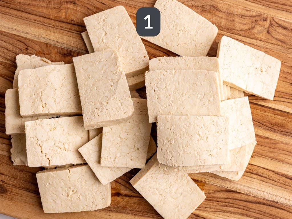 Vegan Tofu Chicken Step 1 - slice the tofu.