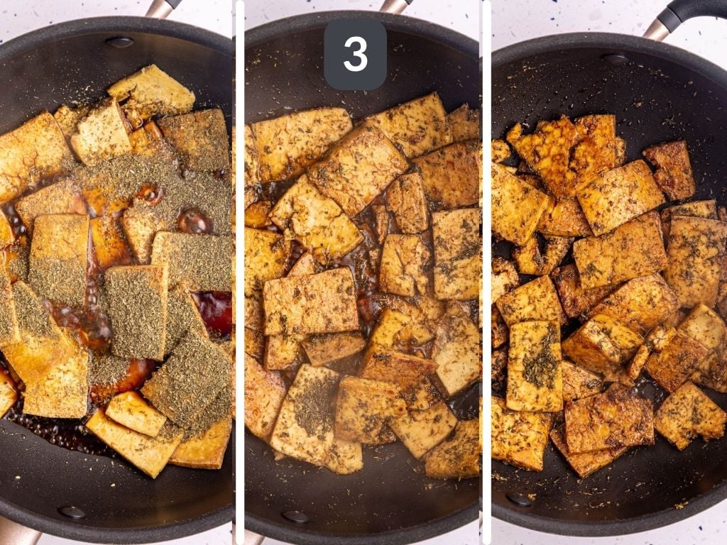 Vegan Tofu Chicken Step 3 - add the soy sauce, agave, and italian seasoning.