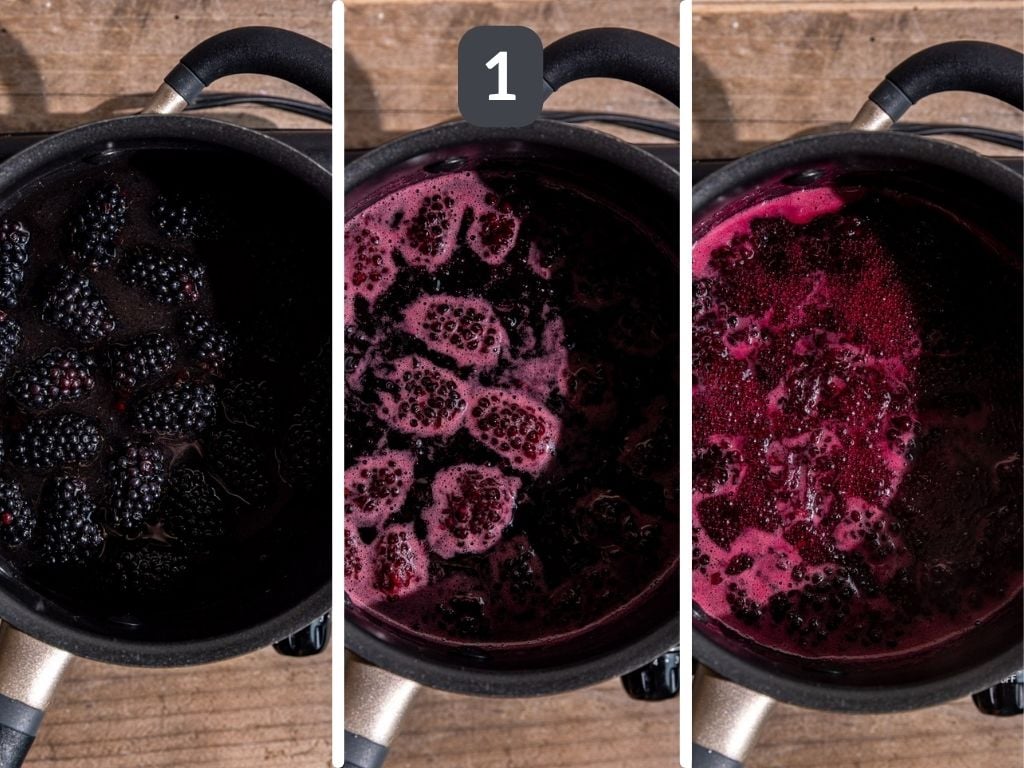 Blackberry shrub step 1 - cook the sugar, blackberries, and water.