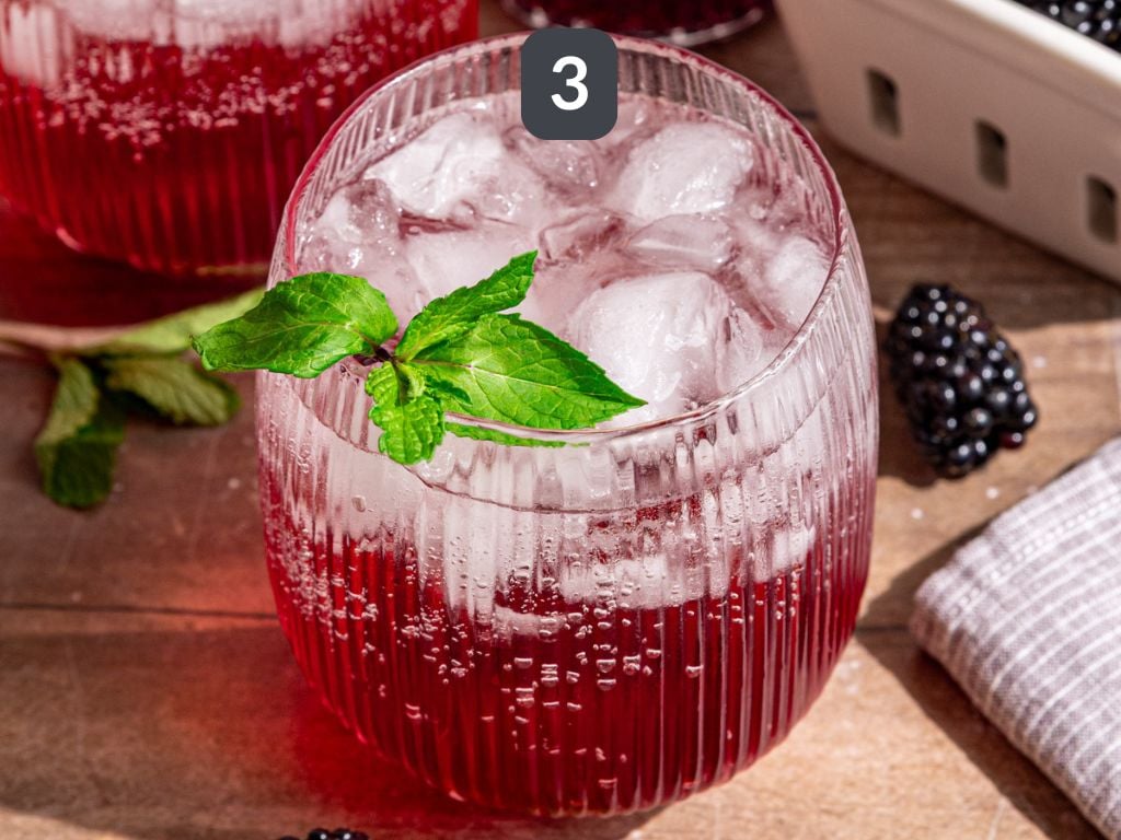 Blackberry shrub step 3 - serve as a mocktail with sparkling water.