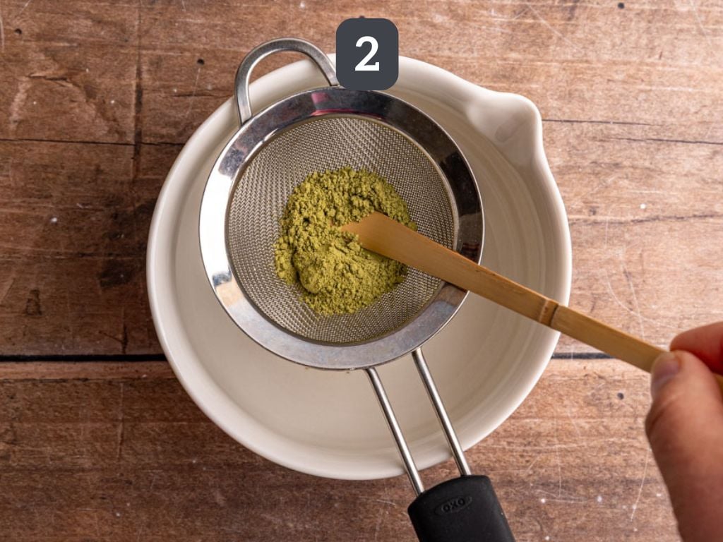 Cherry matcha step 2 - sift the matcha.