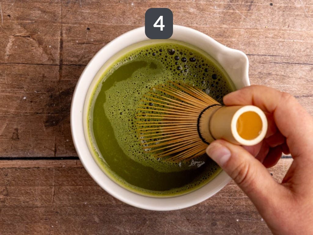 Cherry matcha step 4 - whisk in the cold water.
