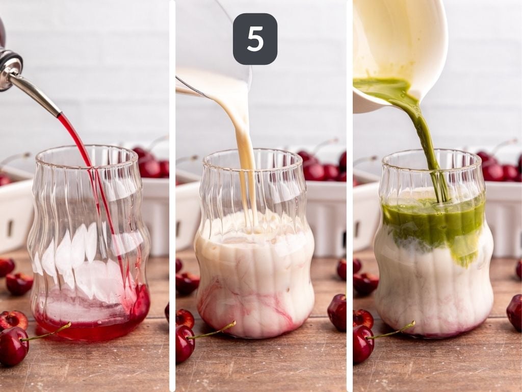 Cherry matcha step 5 - layer the syrup, milk, and matcha in the glass.