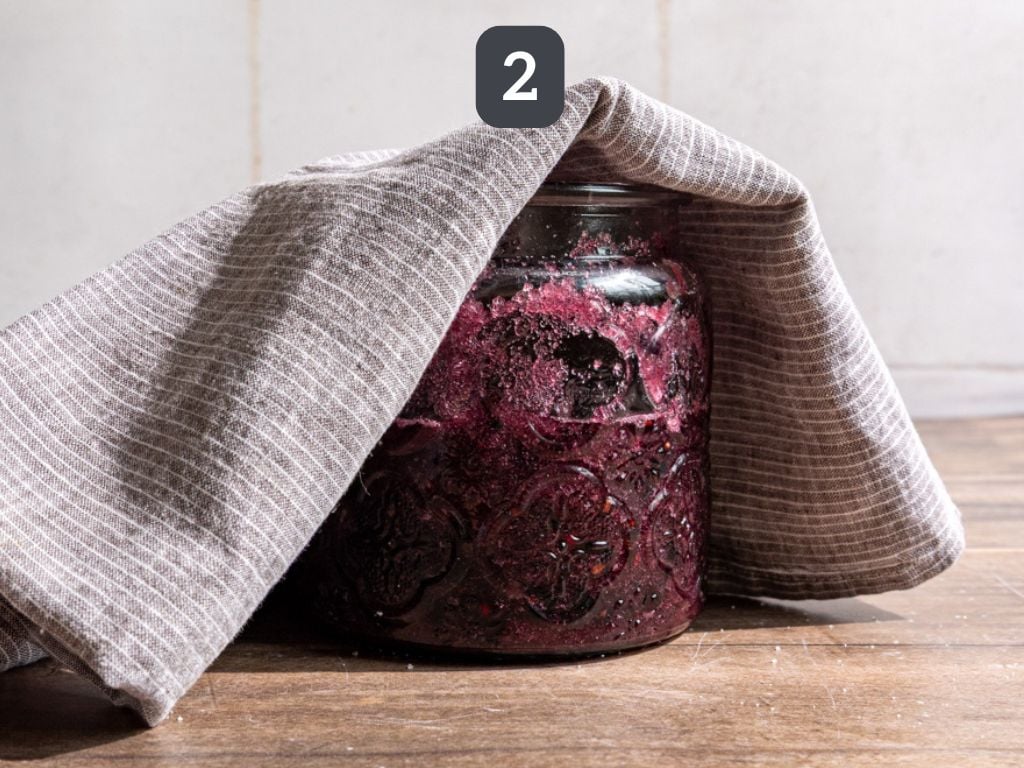 Blackberry shrub step 2 - cover and let sit 24 hours.