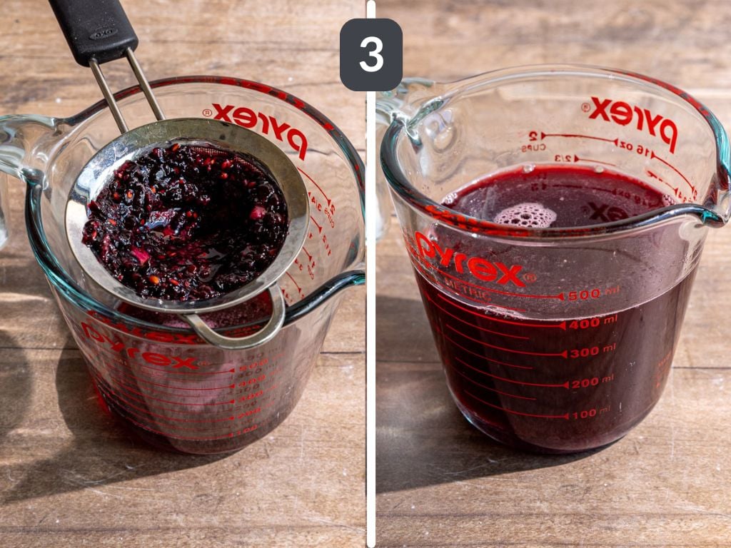 Blackberry shrub step 3 - strain, then add the vinegar.
