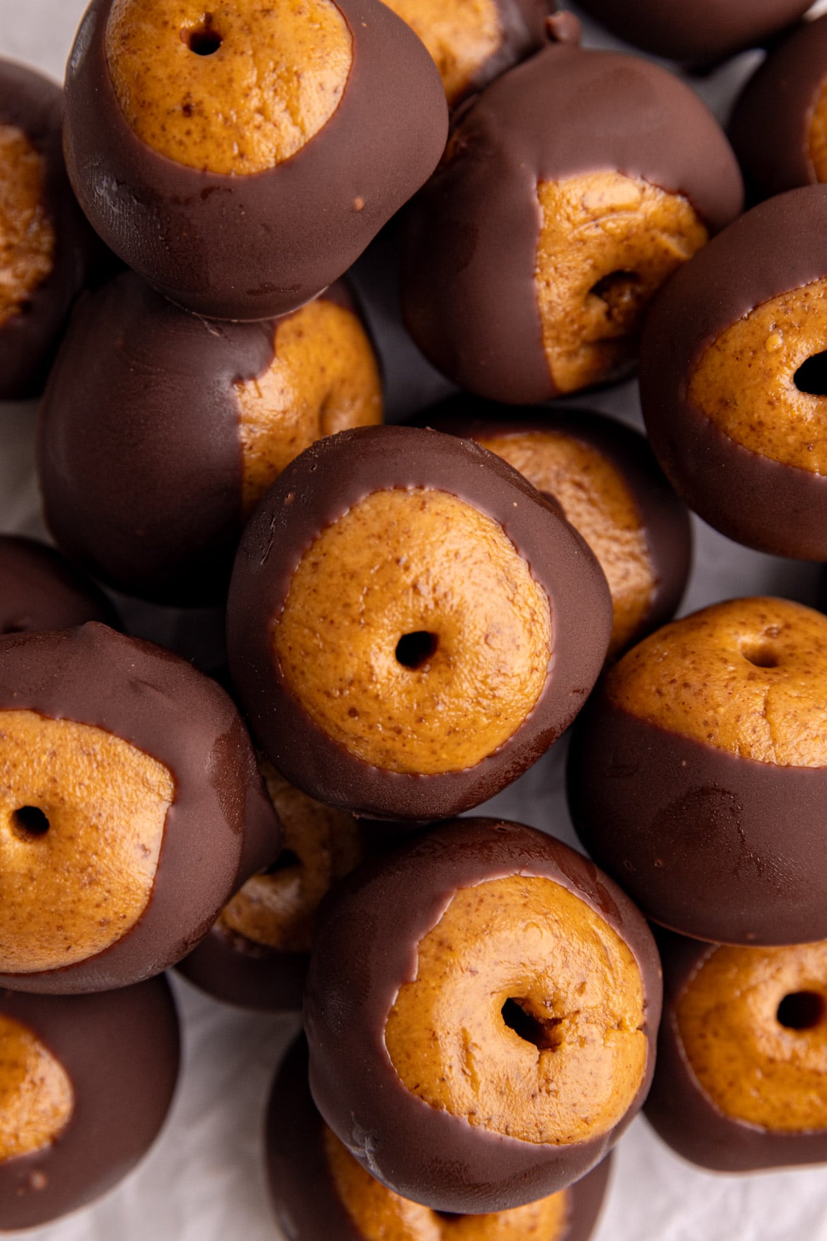 A close up view of vegan buckeyes.