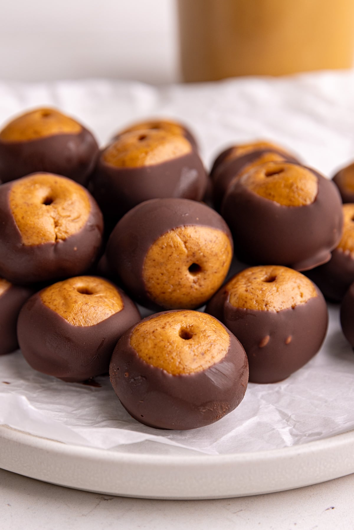A close up view of vegan buckeyes.