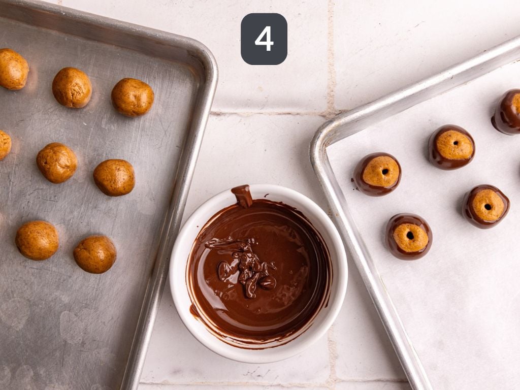 Vegan Buckeyes Step 4 - dip each ball in chocolate