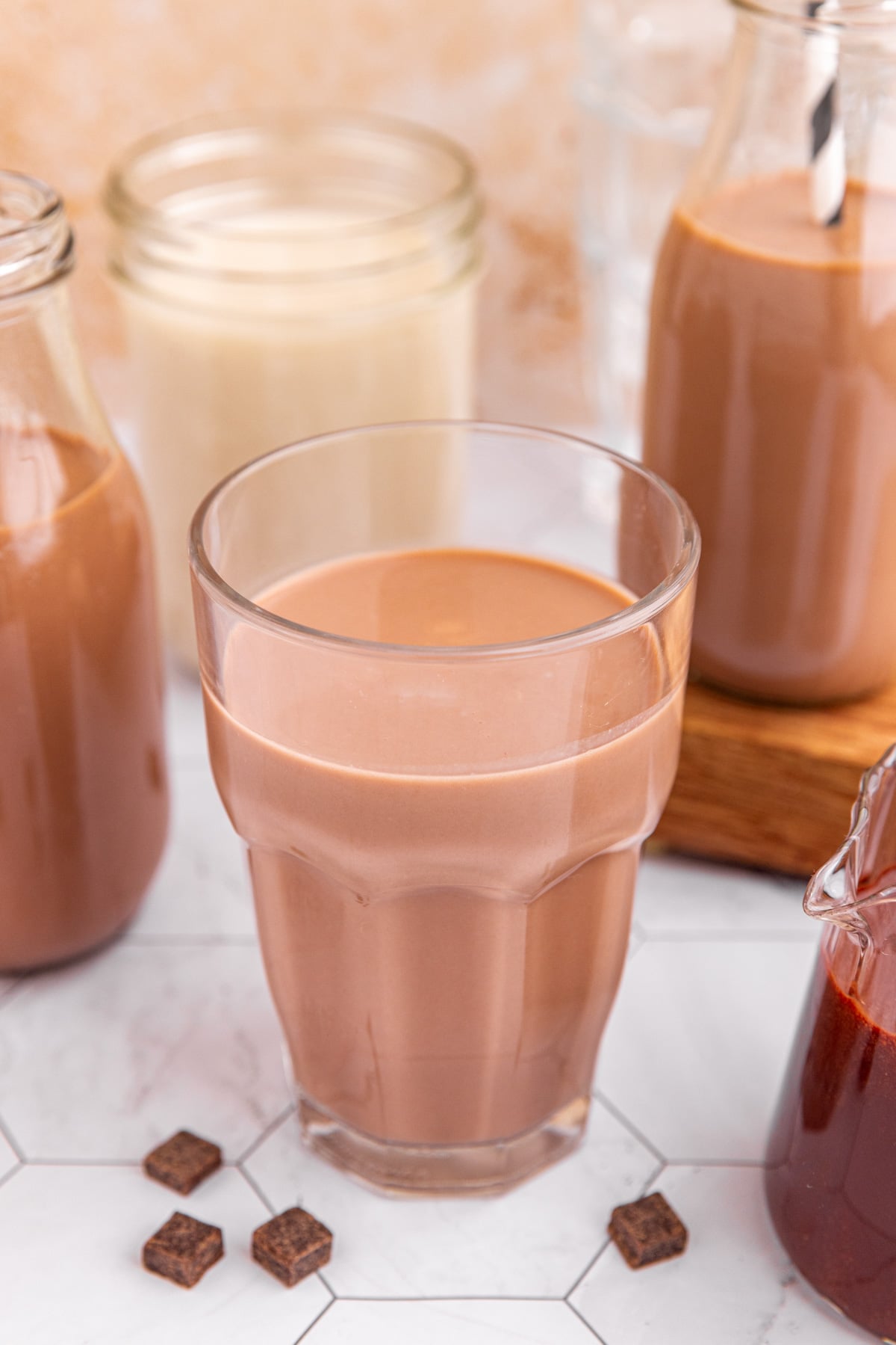 A glass of homemade vegan chocolate milk.