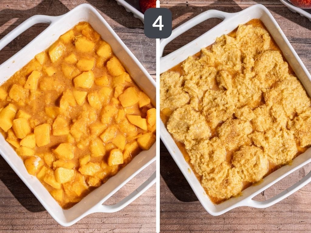 Vegan cornmeal peach cobbler step 4 - layer the filling and biscuit topping.