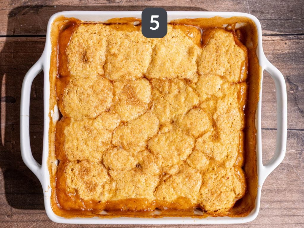 Vegan cornmeal peach cobbler step 5 - bake.
