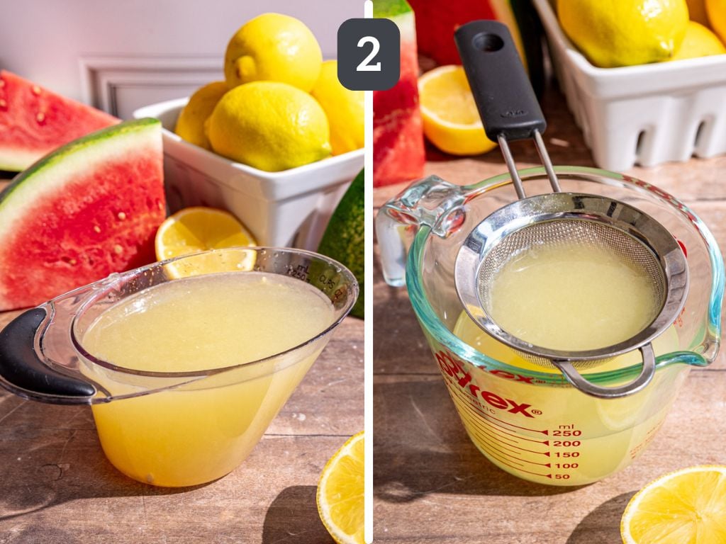 Watermelon Lemonade step 2 - juice and strain the lemon juice.