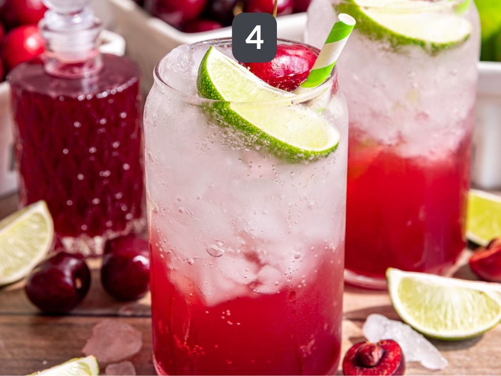 Cherry Limeade step 4 - serve over ice, topped with sparkling water.