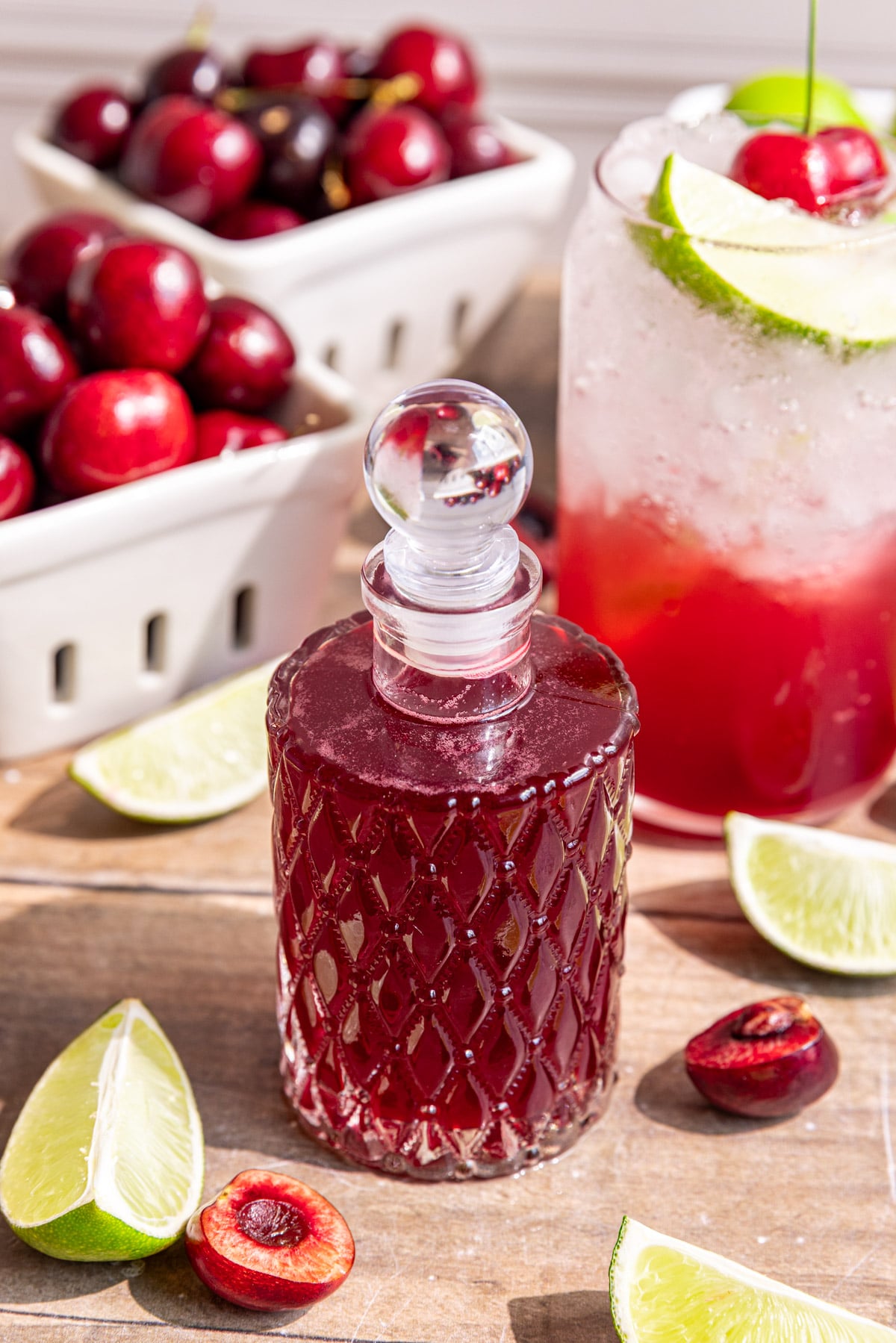 A bottle of cherry limeade syrup