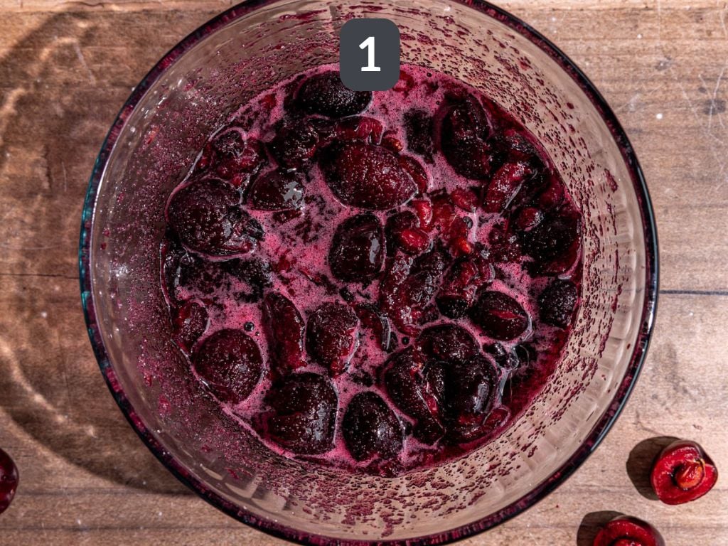Cherry Shrub Step 1 - mix the cherries and sugar.