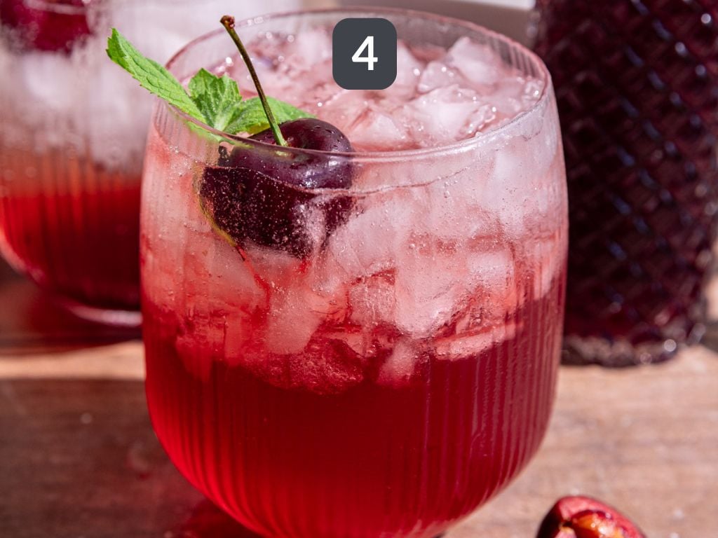 Cherry Shrub Step 4 - serve over ice with sparkling water.