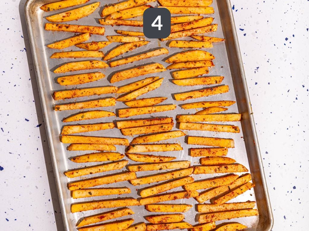 Loaded greek feta fries step 4 - arrange on a baking sheet spaced apart.