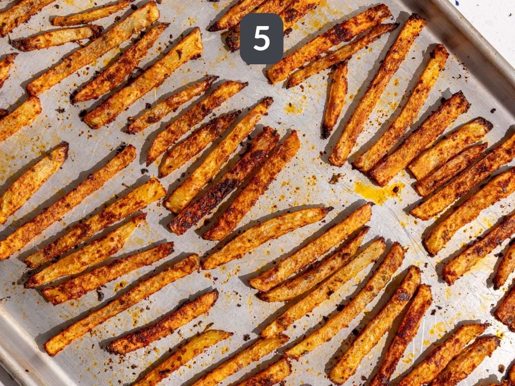 Loaded greek feta fries step 5 - bake, turning halfway.